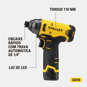 Parafusadeira de impacto 1/4" 12V com 2 Baterias e Carregador Stanley - SCI10D2K